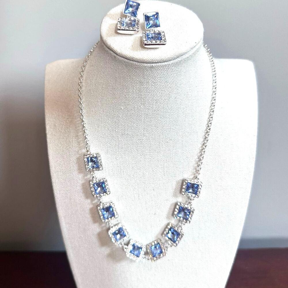 Monet Necklace Earring Set Costume Jewlelry Silver White Blue Formal Evening